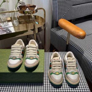 Gucci Men's Casual Sneakers, Beige Green, Leather Mesh, Fash