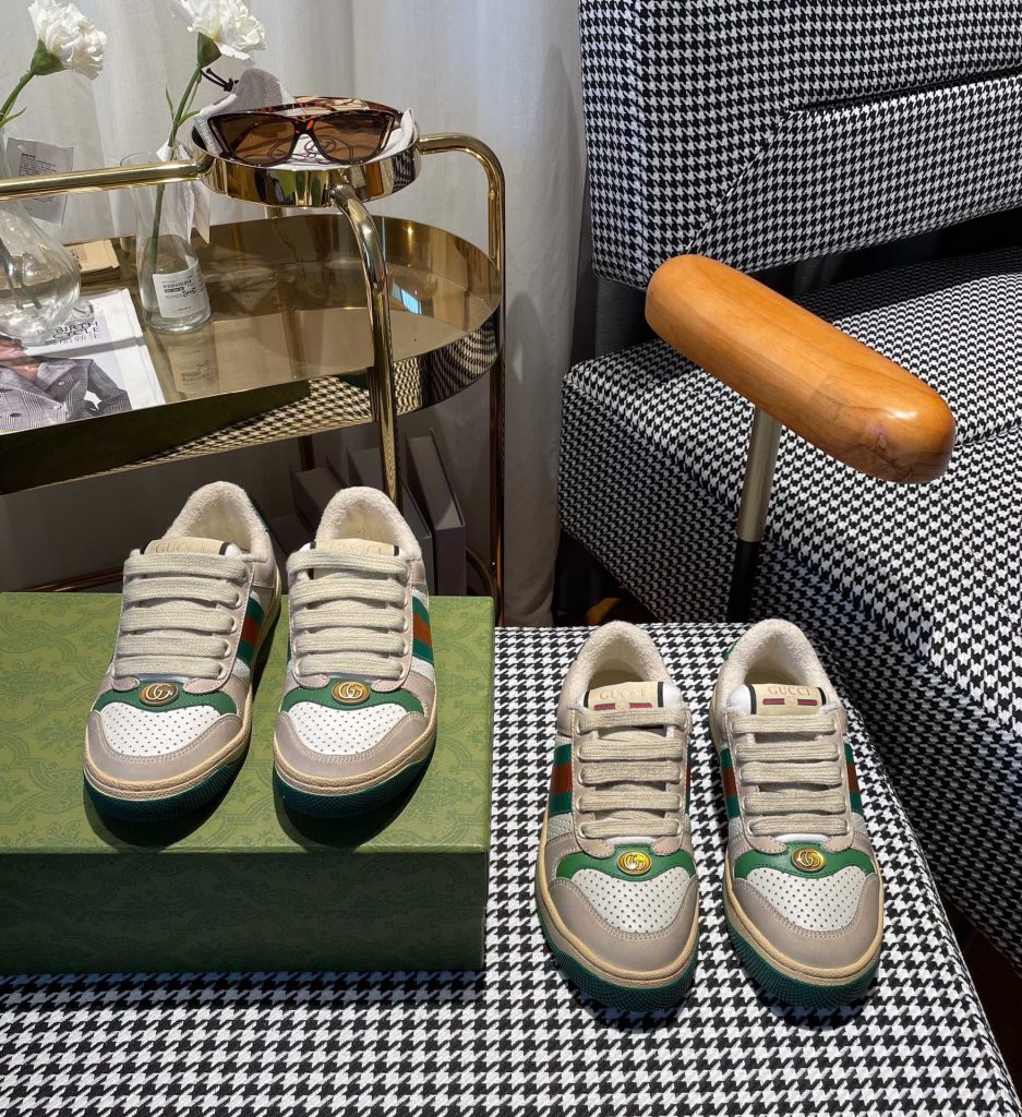Gucci Men’s Casual Sneakers, Beige Green, Leather Mesh, Fash