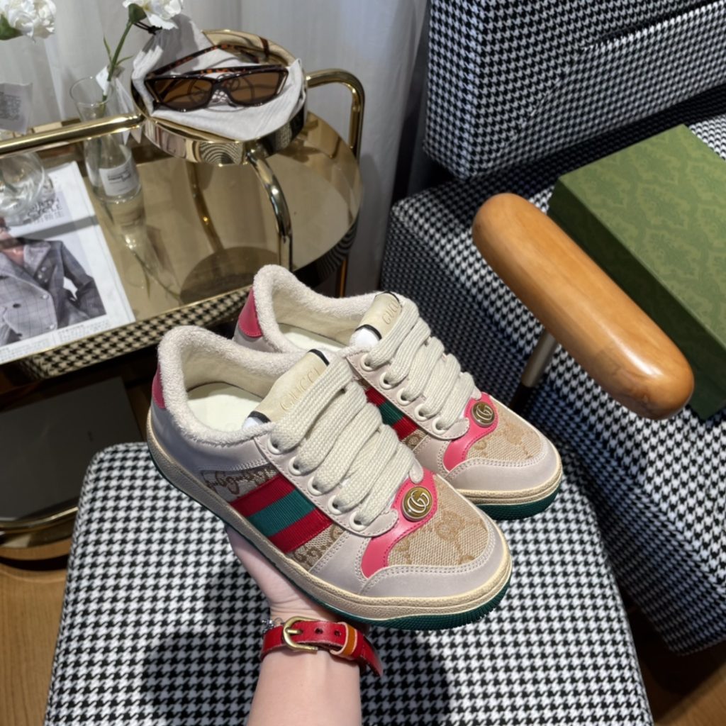 Gucci Men’s Beige Canvas Sneakers with Red and Green Stripes