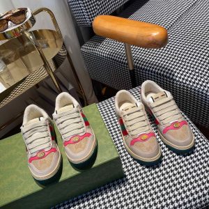 Gucci Beige Canvas Sneakers with Red Stripe and Logo Detail