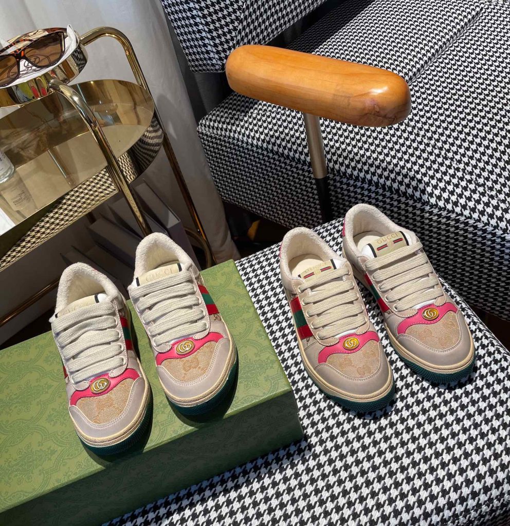 Gucci Beige Canvas Sneakers with Red Stripe and Logo Detail
