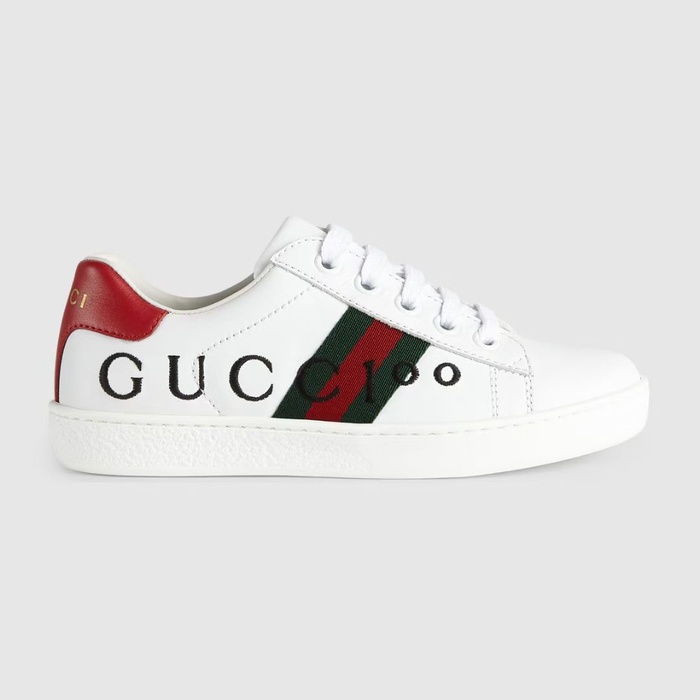 Gucci Kids’ White Sneakers with Red Accents and Embroidered