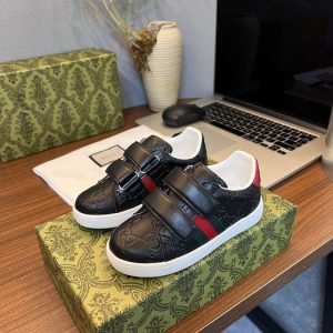 Gucci Style Black Leather Kids' Sneakers with Velcro Straps