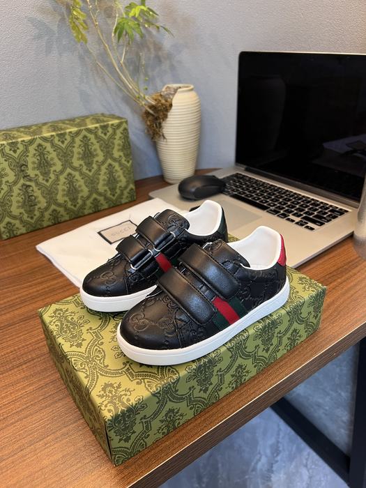 Gucci Style Black Leather Kids’ Sneakers with Velcro Straps