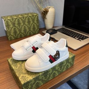 Gucci White Velcro Sneakers with Bear Graphic, Kids' Fashion