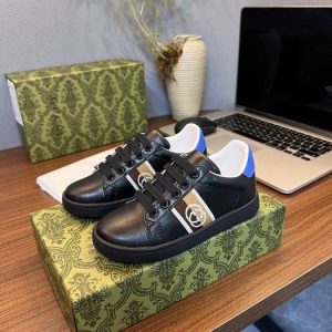 Gucci Kids' Black Leather Sneakers with Blue Accents