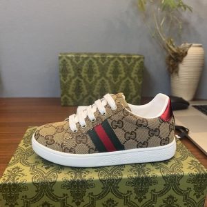 Gucci Brown Monogram Canvas Sneakers with Red and Green Stri