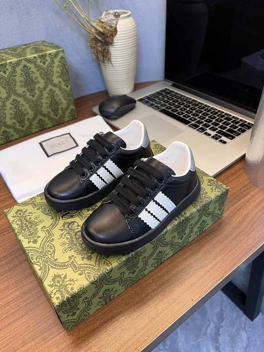 Gucci Kids’ Black Leather Sneakers with White Stripes