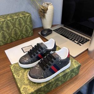 Gucci Men's Black Monogram Sneakers with Red and Blue Stripe