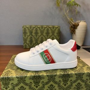 White Leather Sneaker with Red and Green Stripe Accent by Gu