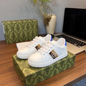Gucci Men's White Leather Sneakers with Blue Accents and Log