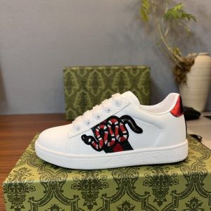 White Leather Sneakers with Snake Design, Casual Style