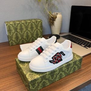 Gucci White Sneaker with Red Snake Design, Leather Casual Sh