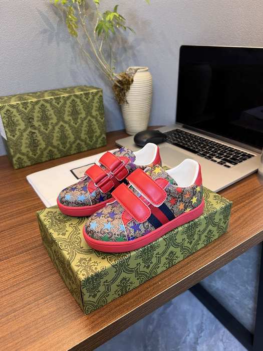 Kids’ Red Floral Print Sneakers with Velcro Straps by Gucci