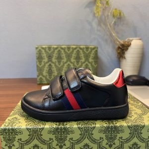Boys' Black Leather Velcro Sneakers with Red and Blue Stripe