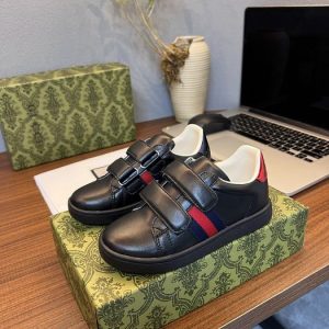 Gucci Kids' Black Leather Sneakers with Red Stripes and Velc