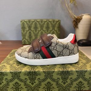 Gucci Kids' Brown Monogram Velcro Sneakers with Red and Gree