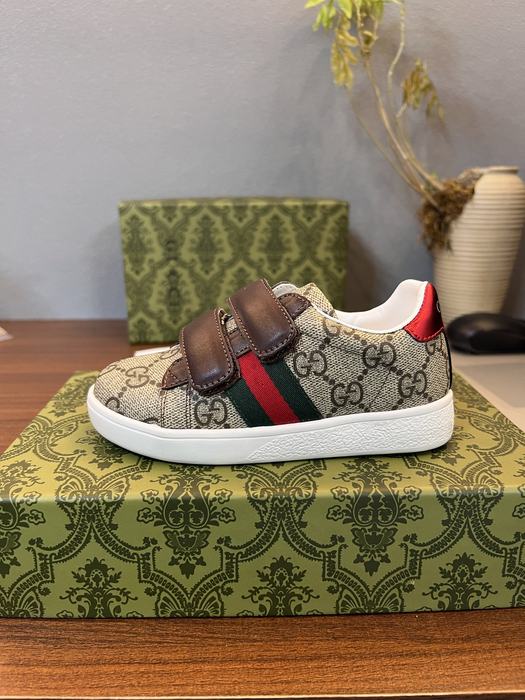 Gucci Kids’ Brown Monogram Velcro Sneakers with Red and Gree