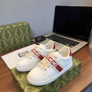 Gucci White Leather Sneakers with Red Stripe for Men