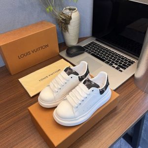 Louis Vuitton White Leather Sneakers with Black Logo Accent