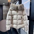 clothing puffer jacket with fur hood Beige