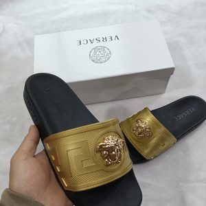 Versace Gold Logo Slide Sandals for Men in Black and Gold