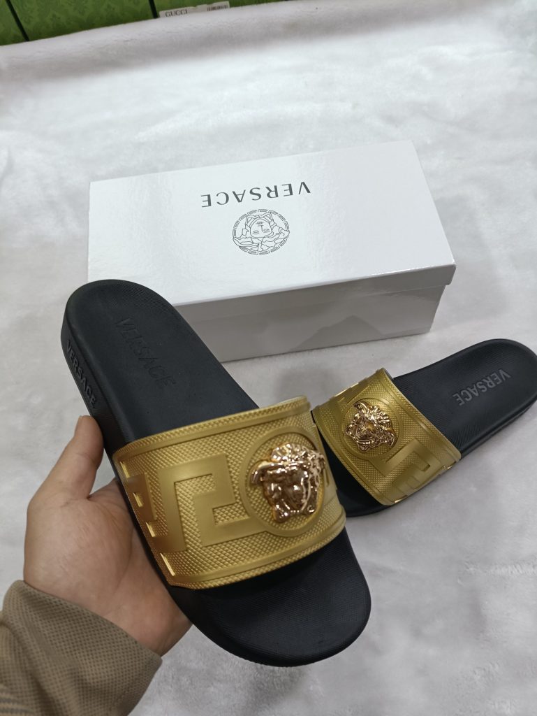 Versace Gold Logo Slide Sandals for Men in Black and Gold