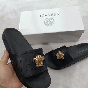 Versace Black Slides with Gold Medusa Detail