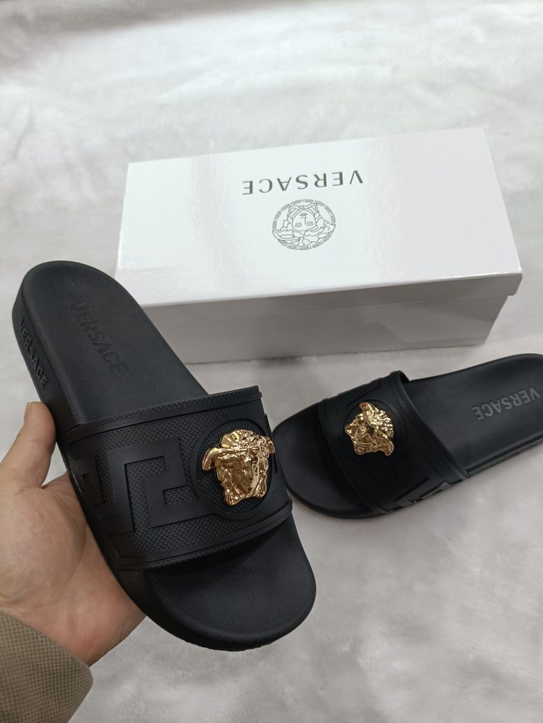Versace Black Slides with Gold Medusa Detail