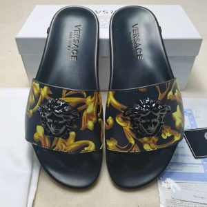 Versace Baroque Slide Sandals in Black Gold, Iconic Luxury F