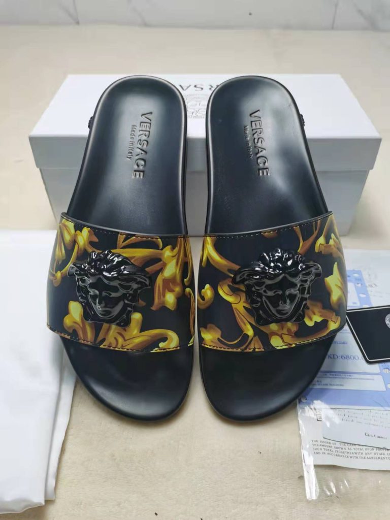 Versace Baroque Slide Sandals in Black Gold, Iconic Luxury F