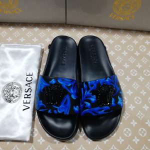 Versace Men's Blue Printed Slides with Black Logo Emblem