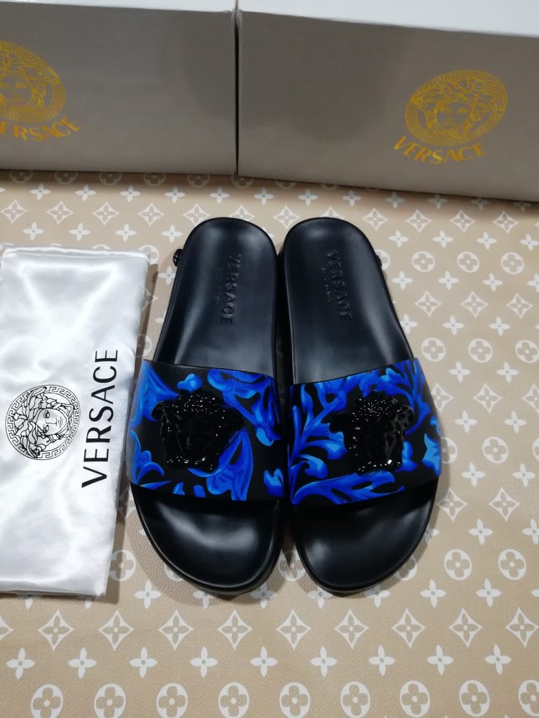 Versace Men’s Blue Printed Slides with Black Logo Emblem