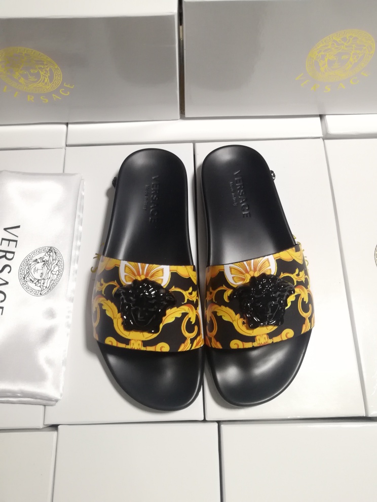 Versace Black and Yellow Slide Sandals with Lion Head Design