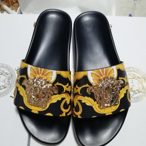 Versace Black and Yellow Lion Head Slide Sandals for Women