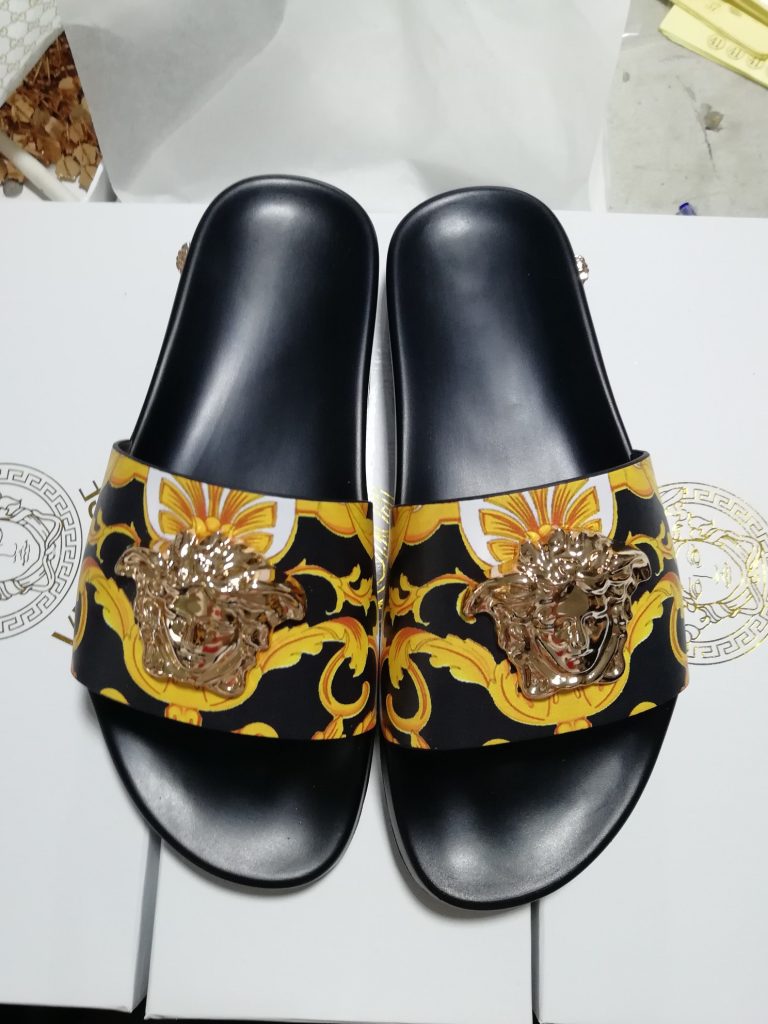 Versace Black and Yellow Lion Head Slide Sandals for Women