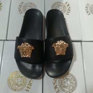 Versace Black Leather Slides with Gold Medusa Emblem