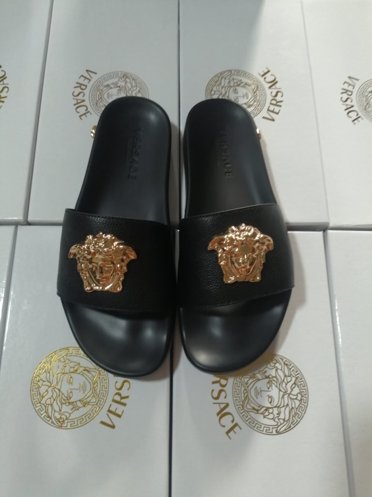Versace Black Leather Slides with Gold Medusa Emblem