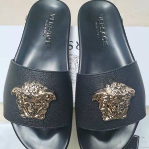 Versace Black Leather Slide Sandals with Gold Medusa Emblem