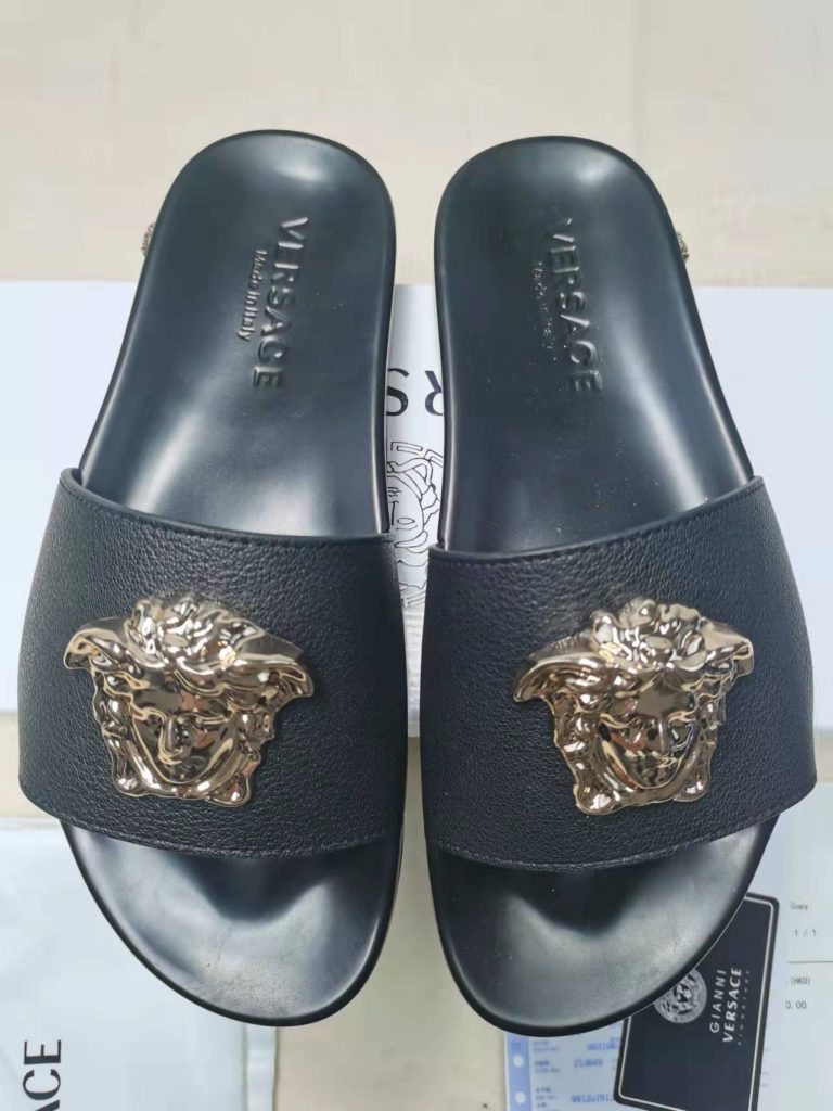 Versace Black Leather Slide Sandals with Gold Medusa Emblem