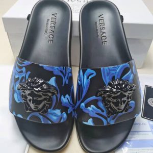 Versace Men's Blue Floral Slide Sandals with Medusa Logo