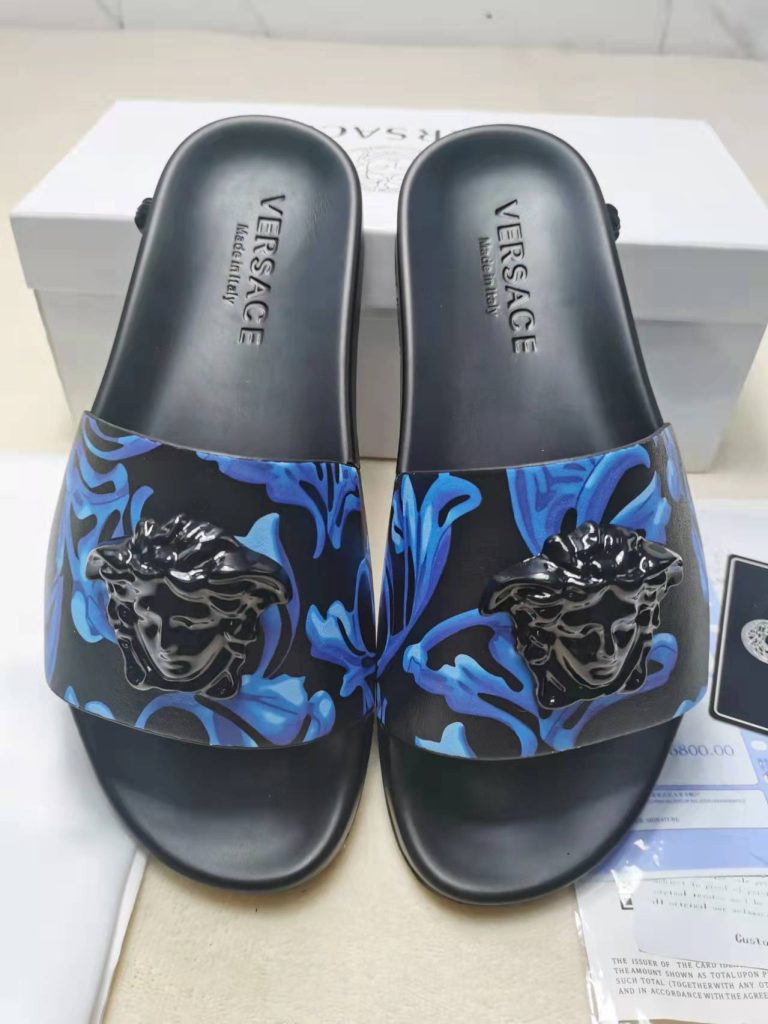 Versace Men’s Blue Floral Slide Sandals with Medusa Logo
