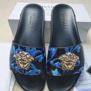 Versace Black and Blue Floral Slide Sandals with Gold Medusa