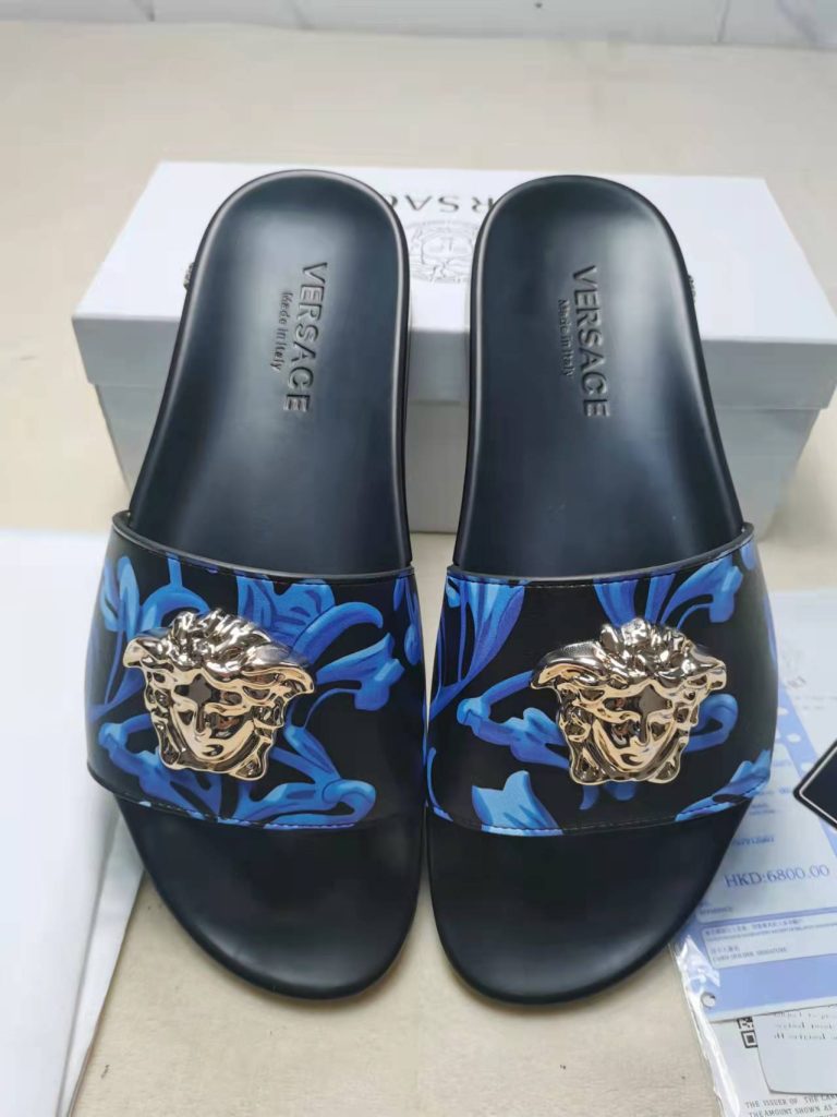 Versace Black and Blue Floral Slide Sandals with Gold Medusa