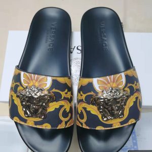 Versace Men's Patterned Black Slides with Gold Medusa Logo