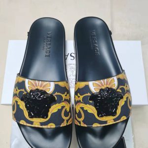 Versace Black and Gold Baroque Slide Sandals with Lion Head
