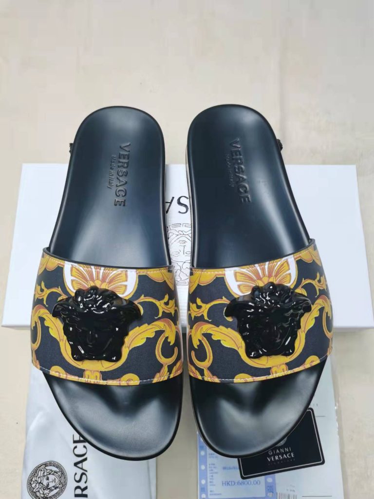 Versace Black and Gold Baroque Slide Sandals with Lion Head