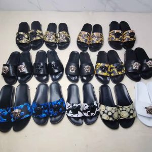 Versace Inspired Slide Sandals, Black Gold Pattern, Fashion