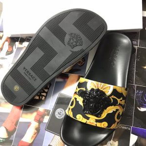 Versace Black and Gold Barocco Slide Sandals with Lion Head