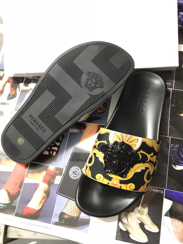 Versace Black and Gold Barocco Slide Sandals with Lion Head
